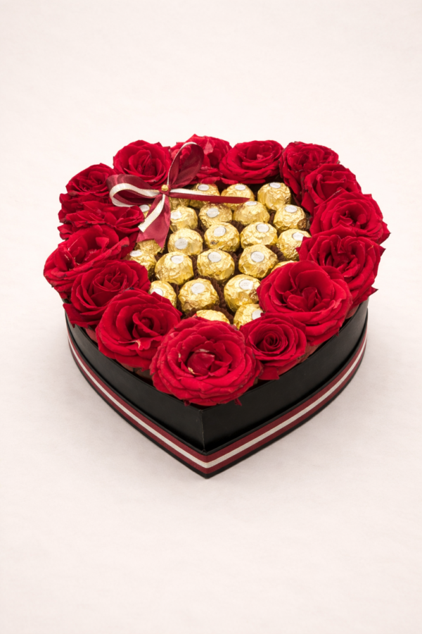 11 inches Black Heart Shape Box with 25 Ferrero Rocher and some Red Roses (price 8900) Bouquet 0085 - Image 1