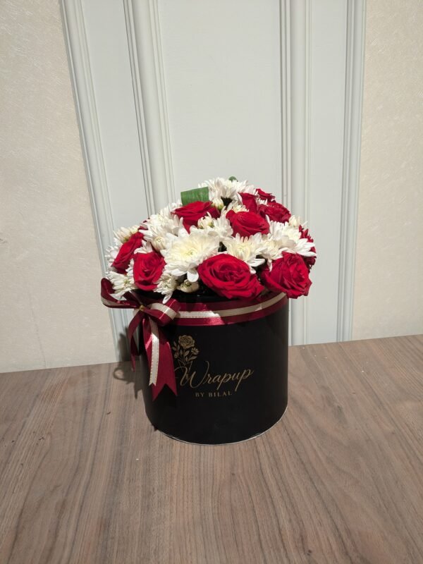 Round Black 7 inches box Chrysanthemum and Red Roses (price 5500)(2) Bouquet 0092 - Image 1