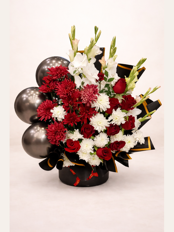 Round Box imported Red Roses with Chrysanthemum and Gladiolus (Price 9000)_ Bouquet 0093 - Image 1