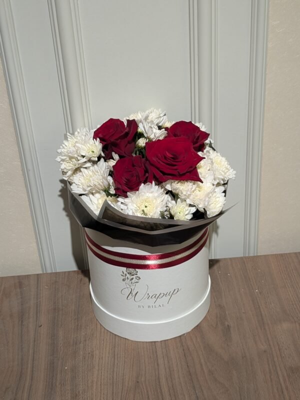 White Round Box Red Imported Roses and Chrysanthemum. (Price 6600) Bouquet 0096 - Image 1