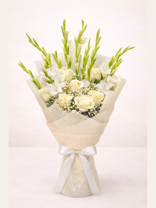 imported white imported Roses with Gladiolus and some Baby_s breath ( Price 7200) Bouquet 0090 - Image 1